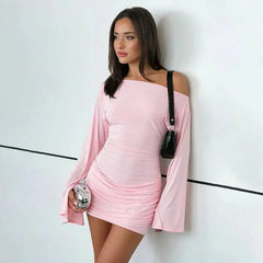 Pink Off-Shoulder Long Sleeve Ruched Mini Dress