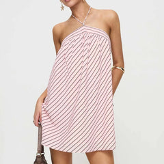 Pink Stripes Print Halter Short Dress