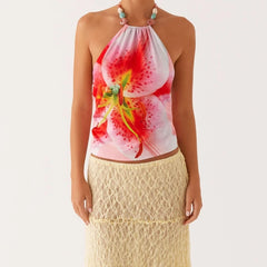 Women's floral printed halter backless tie up crop top.

