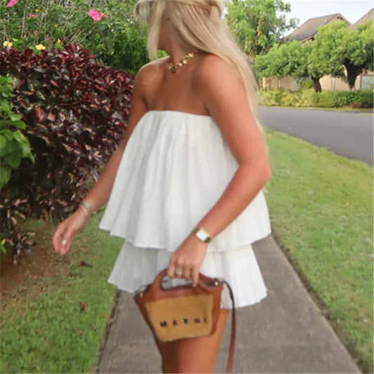 White Pleated Tube Top And Shorts Set