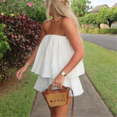 White Pleated Tube Top And Shorts Set