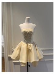Yellow Strapless Bowknot Puffball Mini Dress