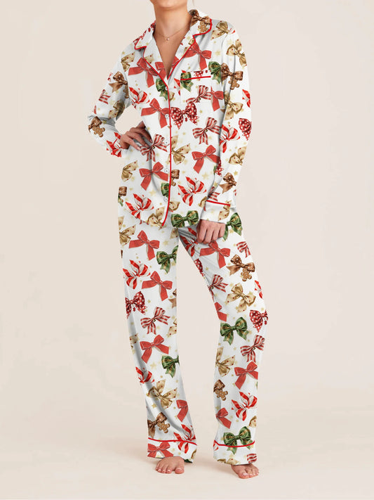 Christmas Bow/Dog/Snowman Print Long Sleeve Shirt with Pants Sleepwear Set