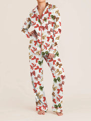 Christmas Bow/Dog/Snowman Print Long Sleeve Shirt with Pants Sleepwear Set