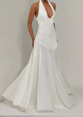 Deep Halter Neck Pleated Desgin Maxi Dress