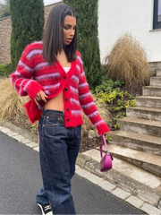 Striped Fuzzy V-Neck Knit Cardigan