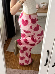 Pink Heart-Print Plush Sweatpants