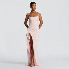 Square Neck Strap Thigh High Split Draped Long Dress