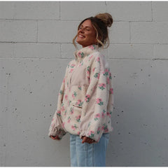 Floral Plush Zipper Pockets Jacket