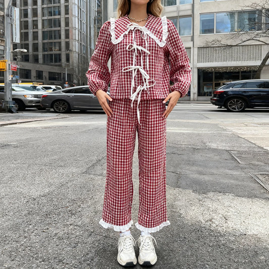 Red Plaid Long Sleeve Doll Collar Tie Up Top And  Wide Leg Pants Sets