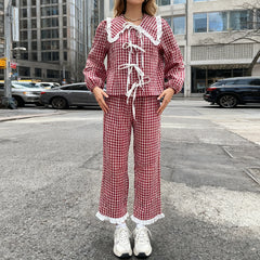 Red Plaid Long Sleeve Doll Collar Tie Up Top And  Wide Leg Pants Sets