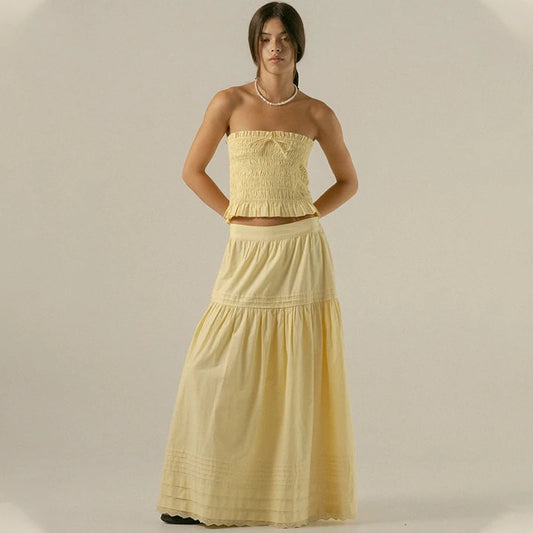 Yellow Ruched Strapless Crop Top And Maxi Skirt Set