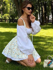 Printed Lace Patchwork Open-Shoulder Square Collar Mini Dress