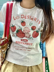 Les Dessert Strawberry & Letter Print Short Sleeve T-Shirt