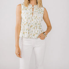 Pleated Floral Print Tie-Up Top