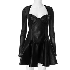 Black Long Sleeve Mesh PU Leather Mini Dress Free From Label