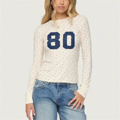 Long Sleeve Floral Number Print Top