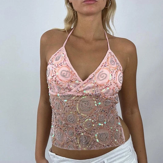 Sparkly V Neck Tie Back Sheer Crop Top