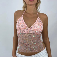 Sparkly V Neck Tie Back Sheer Crop Top