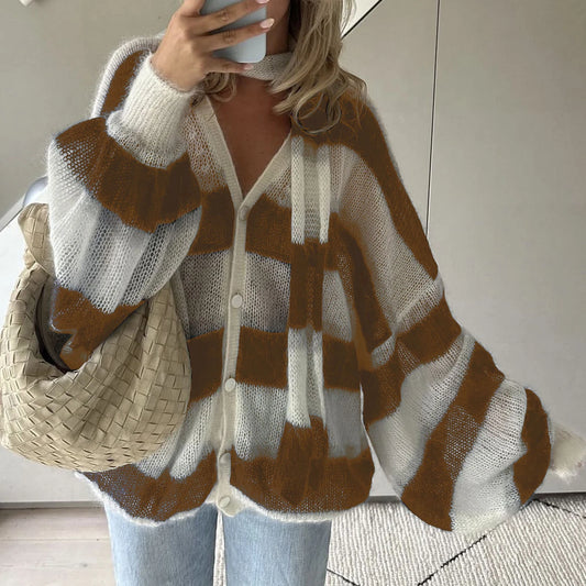 Striped Knit Cardigan With Scarf