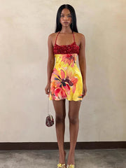 Yellow Floral Print Red Sequin Patchwork Mini Dress