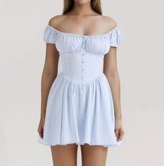 Ruched Corset Puff Sleeve Elastic Square Collar Mini Dress