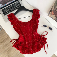 Red Polka Dot Lace Up Ruffle Sleeve Corset Top