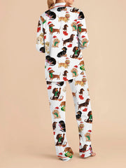 Christmas Bow/Dog/Snowman Print Long Sleeve Shirt with Pants Sleepwear Set