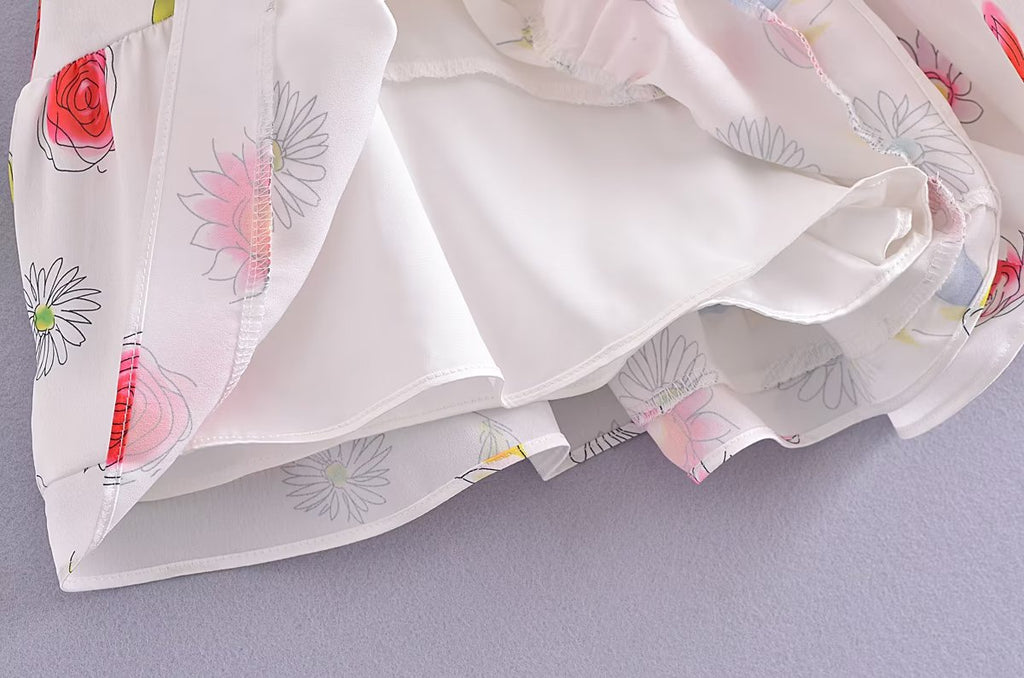 White Flower Print Short Sleeve Mini Dress