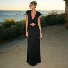 Black Twist Ruched Waist Cut Out Cap Sleeve Maxi Dress
