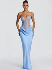 Strapless Lace Corset Satin Drape Maxi Dress