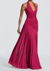 Deep Halter Neck Pleated Desgin Maxi Dress