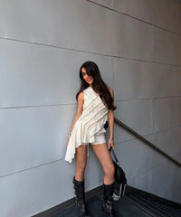 White Ruched Asymmetrical Hem Top