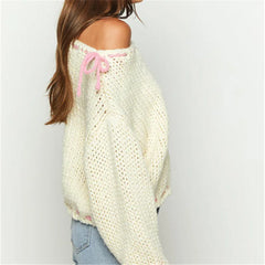 White Pink Ribbion Trim Sweater - Free From Label