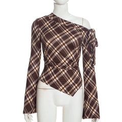 Brown Plaid Off-Shoulder Long Flare Sleeve Top