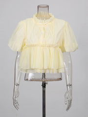 Mesh O Neck Short Sleeve Peplum Crop Top