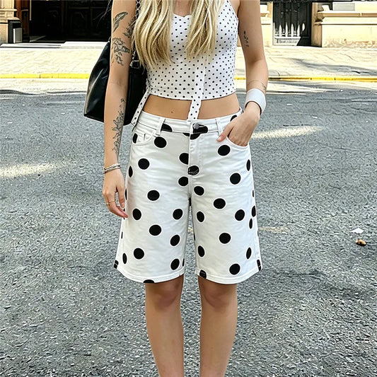 White Polka Dot Denim Bermuda Shorts