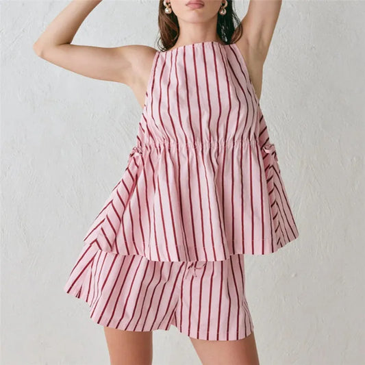 Striped Sleeveless Peplum Top and Shorts Set