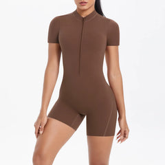 Brown short-sleeve bodysuit worn by a model 