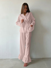 Cotton Long Sleeve Turn-Down Collar And Pants Pj Set