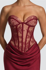 Strapless Lace Corset Satin Drape Maxi Dress