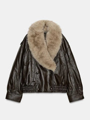 Brown Fur Collar Faux Leather Jacket