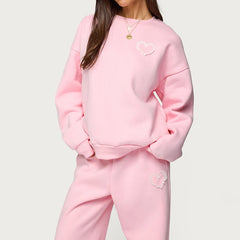 Pink Heart Patchwork Pullover Top And Wide Leg Pants Matching Set