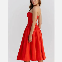 Red Bra Chest With Wire Strapless Low Waist Pleated Midi Dress