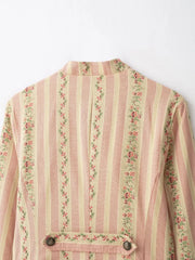 Floral Striped Jacquard  Diagonal Button Stand Collar Jacket
