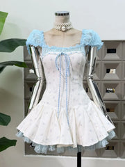 Floral Print Corset Square Neck Puff Sleeve Ruffle Hem Mini Dress