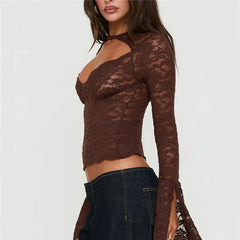 Lace Sheer Long Sleeve Cutout Neckline Blouse