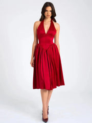 Red Satin Halter Deep V Neck Midi Dress