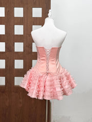 Strapless Lace-up Puffy Ruffles Patchwork Mini Dress