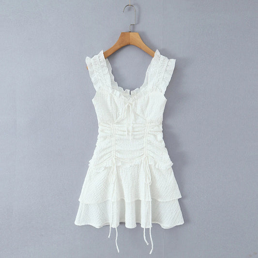 White Drawstring Embroidered Mini Dress